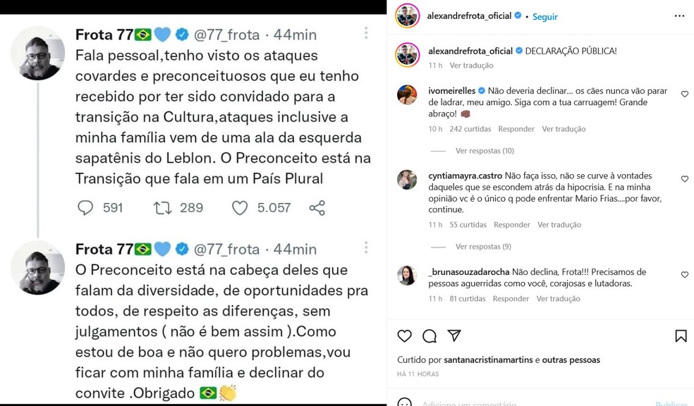 Pressionado, Alexandre Frota renuncia à indicação para área de Cultura da transição — Foto: Reprodução/Instagram